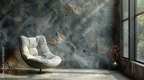  stylish soft armchair standing near texture wall.