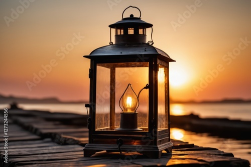 Lantern glowing on the wooden bench at sunset with a colorful sky and calm dock in the background