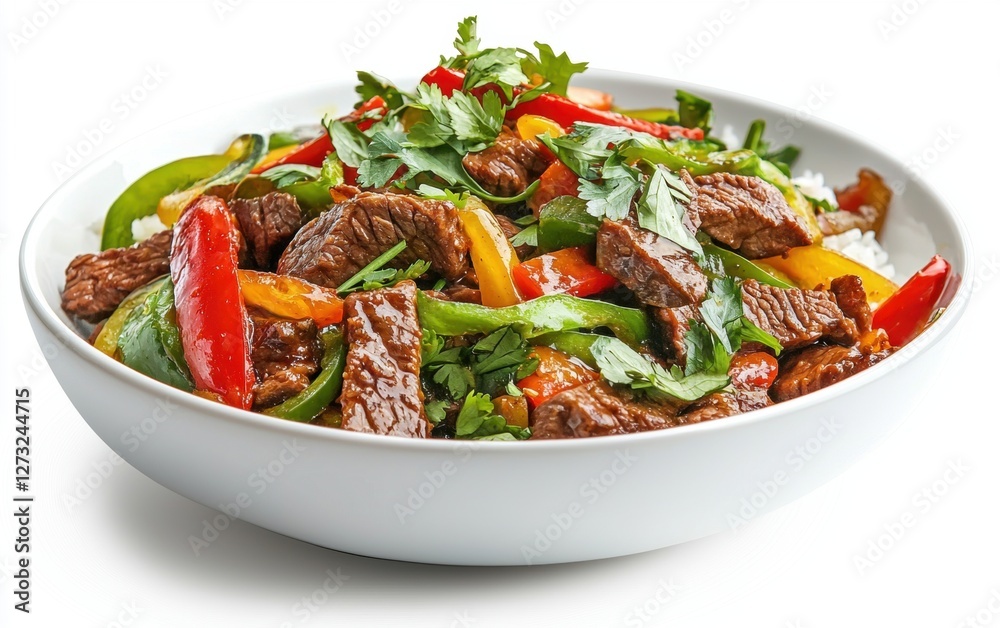 Hovering bowl of Peruvian lomo saltado beef stir-fry, isolated on a white background Hovering bowl of Peruvian lomo saltado beef stir-fry, isolated on a white background