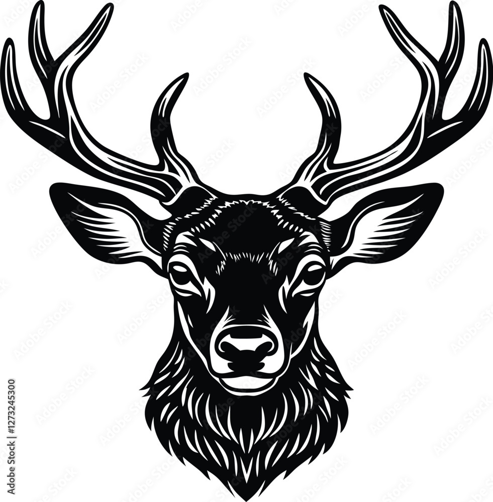 Naklejka premium Deer head silhouette vector illustration on a white background, perfect for wildlife, nature, and animal-themed designs, offering a bold and minimalist representation of a deer.
