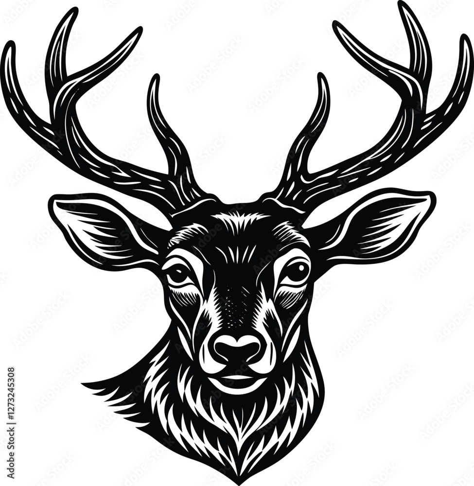 Naklejka premium Deer head silhouette vector illustration on a white background, perfect for wildlife, nature, and animal-themed designs, offering a bold and minimalist representation of a deer.