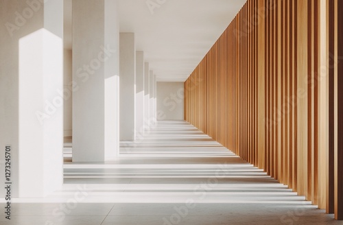 Sunlit minimalist corridor with white columns and wood paneling.