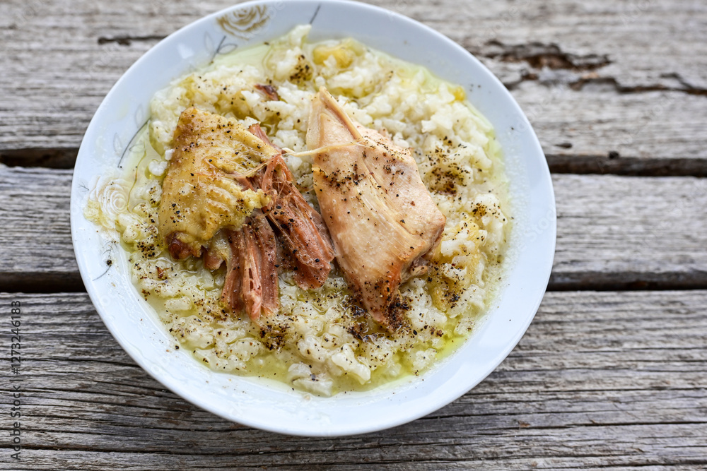 Home Oven Baked Chicken and Rice on rustic background Home Oven Baked Chicken and Rice on rustic background