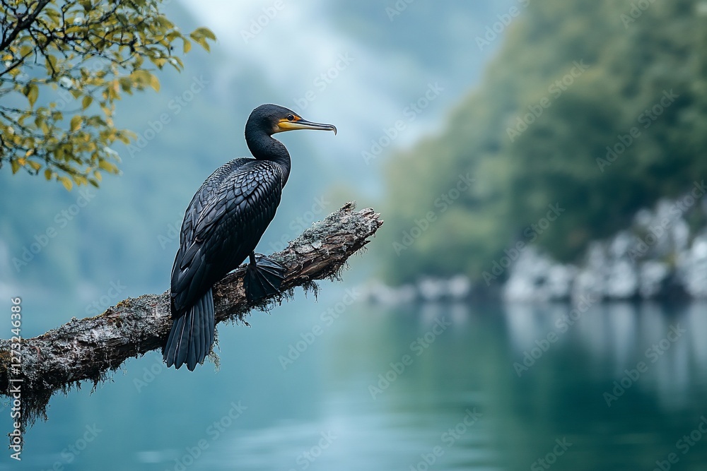 Obraz premium Cormorant perched on a branch overlooking a serene lake and misty mountains.