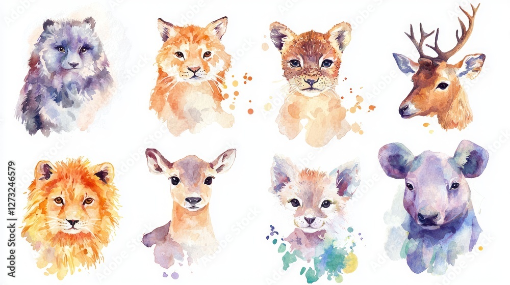 Fototapeta premium A set of watercolor-painted animals in a soft, artistic design