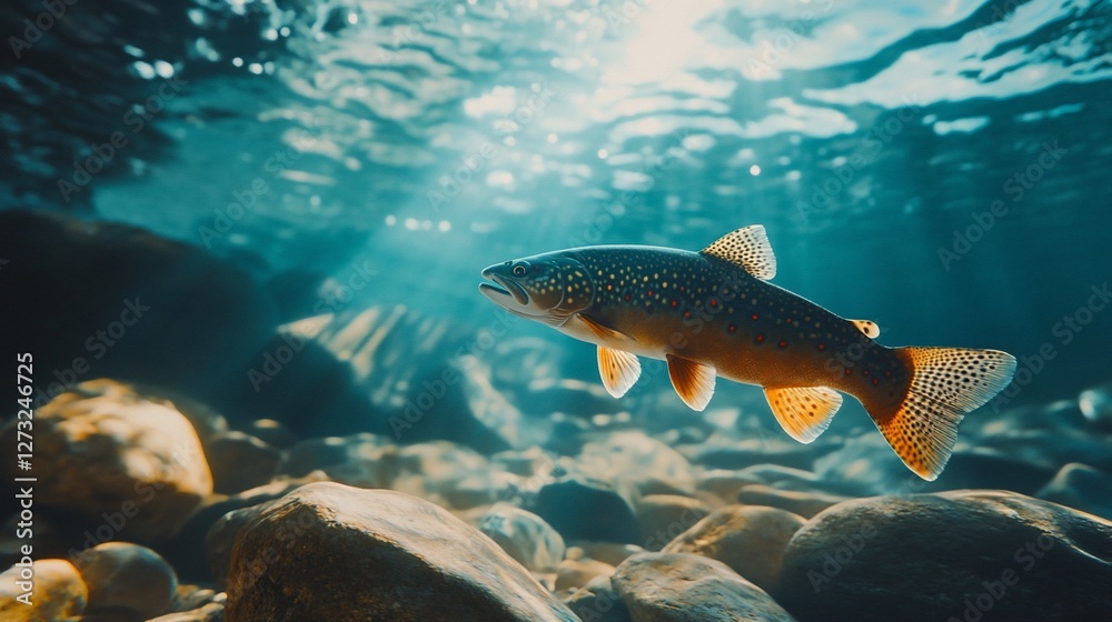 Naklejka premium Underwater brown trout swimming over riverbed rocks, sunlit water.