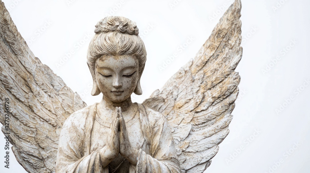 Fototapeta premium A Shinto angelic being with celestial wings, representing a spiritual protector and messenger of divine energy, on a white background.