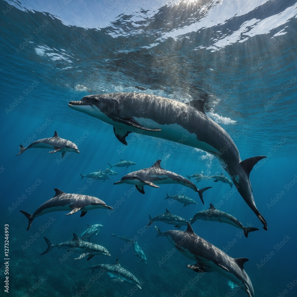 Fototapeta premium A fish playing with dolphins in the open sea.