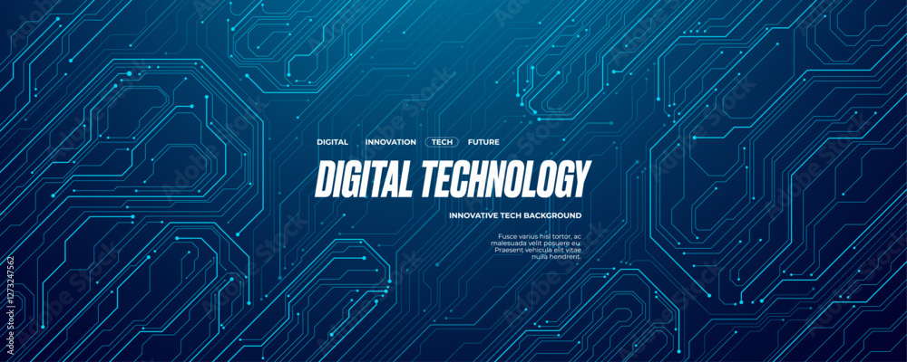 Futuristic circuit board wires in light blue on dark navy technology background. Artificial Intelligence banner concept. Abstract AI tech bg. Digital line pattern. Computer Vector illustration.