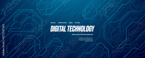 Futuristic circuit board wires in light blue on dark navy technology background. Artificial Intelligence banner concept. Abstract AI tech bg. Digital line pattern. Computer Vector illustration.