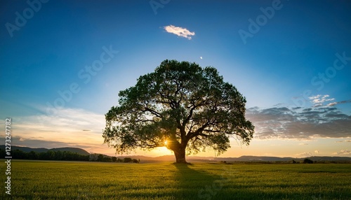 Big old tree in middle of the field at sunset 