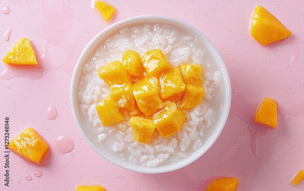 Midair bowl of Thai mango sticky rice with coconut milk, isolated on a pastel background Midair bowl of Thai mango sticky rice with coconut milk, isolated on a pastel background