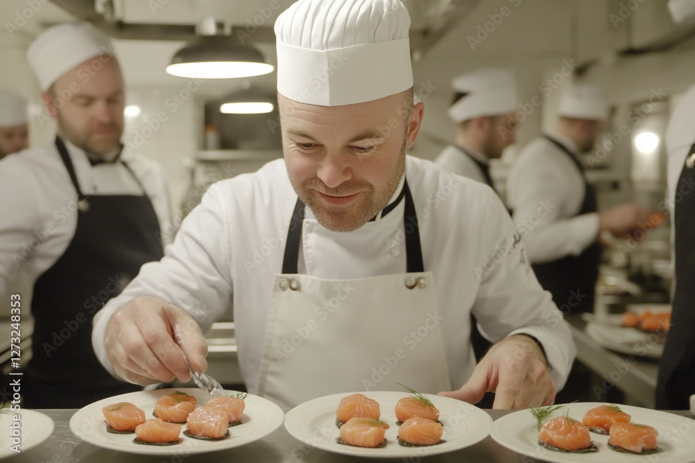 Chef meticulously prepares salmon canapés in a professional kitchen with his team. Chef meticulously prepares salmon canapés in a professional kitchen with his team.