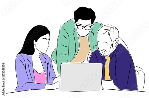 Business team members working together scene. Business men, women Meeting, brainstorming, discussing, taking part in business activities. Vector colored line art illustration
