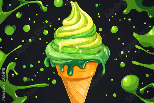 Vibrant green swirl ice cream cone against a dark backdrop, splashes of color creating a playful scene