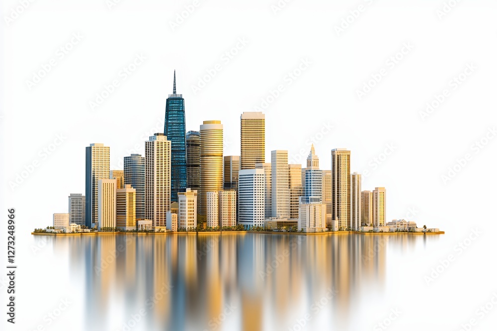 Fototapeta premium Digital Illustration Of Modern City Skyline On Island