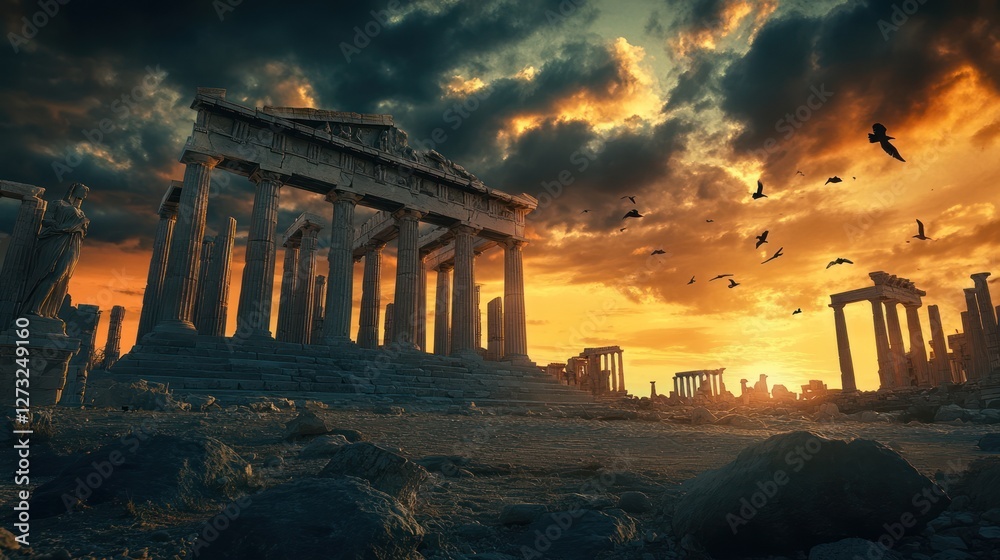 Obraz premium Sunset over ancient Greek ruins, birds flying, dramatic sky, historical travel