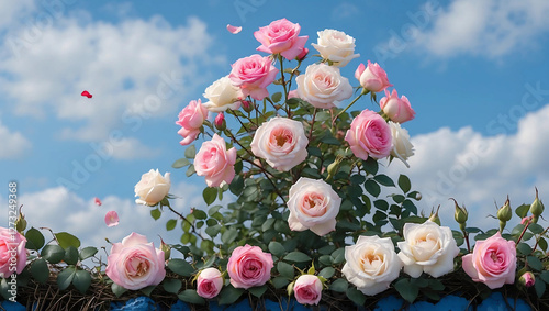 Tranquil Spring Border with Blooming Rose Bush – A Stunning Focused Photo of Pink and White Roses, Petals on the Ground, Set Against a Clear Blue Sky with Scattered White Clouds

