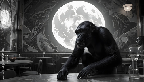 Chimpanzee in Moonlit Bar, Black & White - Monochrome Photography