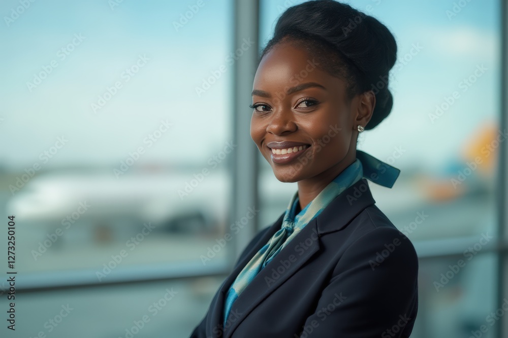 Head and shoulders Portrait of an elegant stylish Congolese 40 years old female flight attendant in uniform. Head and shoulders Portrait of an elegant stylish Congolese 40 years old female flight attendant in uniform.