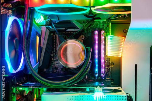 Close-up inside Hi-performance custom computer desktop with liquid pump that installed on socket CPU processor and cooling fan for cooling airflow with LED neon multicolor light show status on working photo