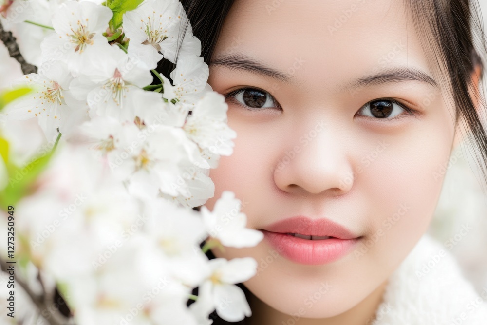 Young Woman Embraces Spring Blossoms in Vibrant Outdoor Portrait Young Woman Embraces Spring Blossoms in Vibrant Outdoor Portrait