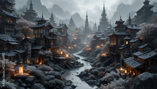 Enchanting Asian Village at Dusk, 3D Render - Dark fantasy