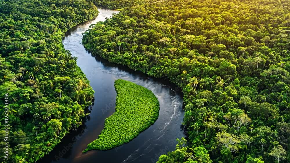 Aerial view of lush amazon rainforest and river wildlife sanctuary