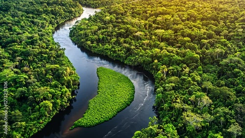 Aerial view of lush amazon rainforest and river wildlife sanctuary
