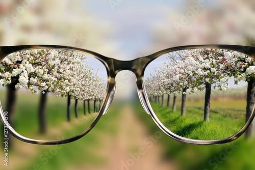 Clear Vision Through Glasses with Blooming Orchard on Spring Day