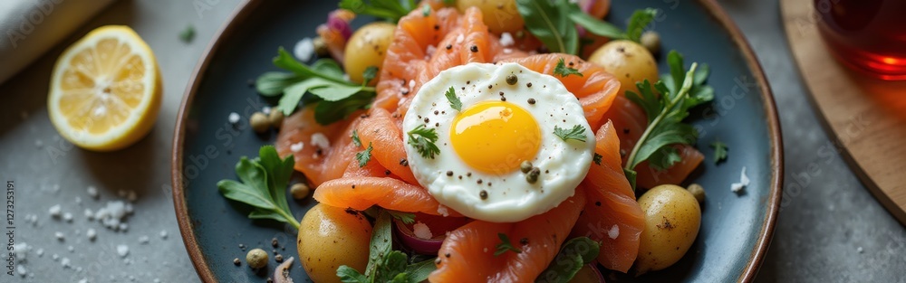 Colorful salad featuring smoked salmon, potatoes, and a fried egg garnished with herbs on a rustic table Colorful salad featuring smoked salmon, potatoes, and a fried egg garnished with herbs on a rustic table