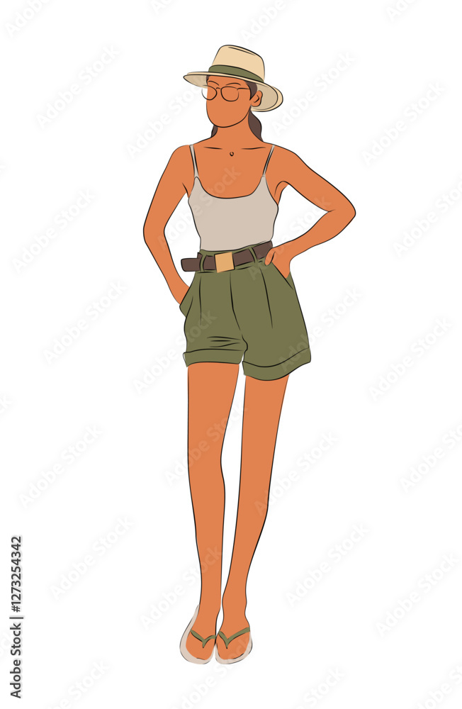 Beautiful woman in summer beach outfit. Attractive girl wearing top, shirts and hat. Line art, linear, outline, thin line design simple illustration isolated Beautiful woman in summer beach outfit. Attractive girl wearing top, shirts and hat. Line art, linear, outline, thin line design simple illustration isolated