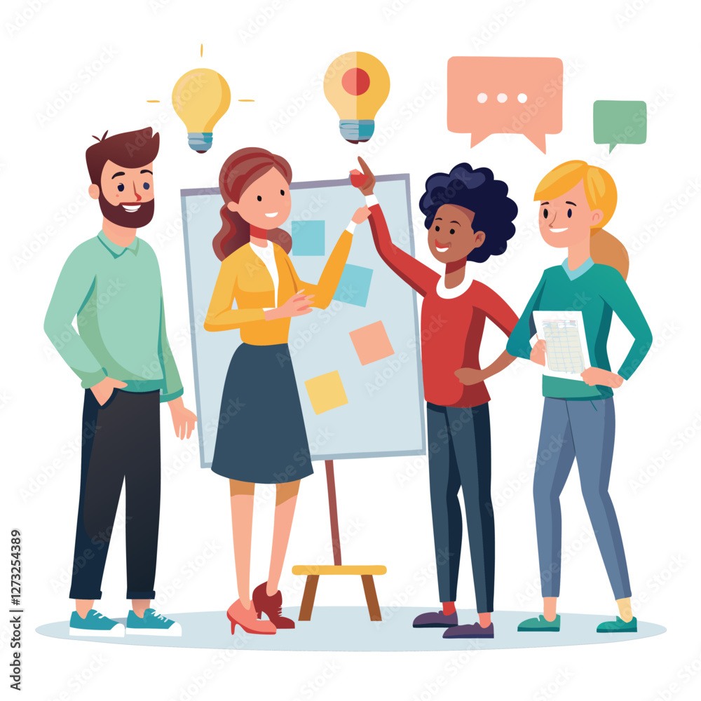 Fototapeta premium Business Workshop Concept. Vector cartoon illustration of a close-up group of diverse people standing near a board with sticky notes and discussing an idea. Isolated 