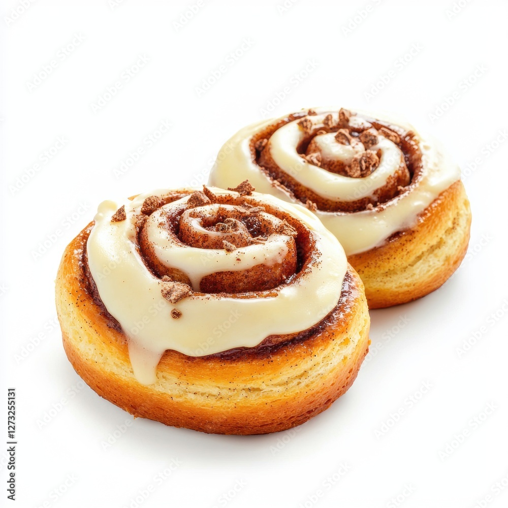 Sweet cinnamon rolls with cream cheese frosting isolated on white Sweet cinnamon rolls with cream cheese frosting isolated on white