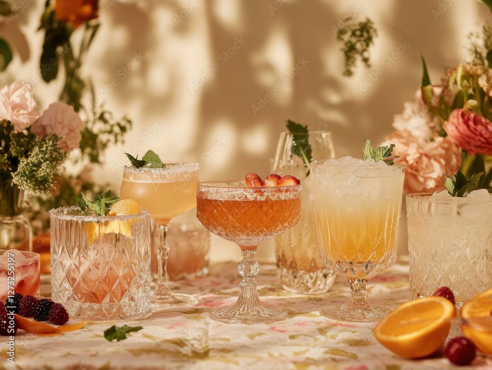 Retro-inspired cocktail setups, unpretentious drinks served in vintage glasses Retro-inspired cocktail setups, unpretentious drinks served in vintage glasses