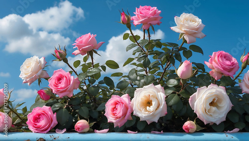 Soft Selective Focus of Blooming Rose Bush in Spring – Beautiful Pink and White Roses Against a Blue Sky Background, Featuring Petals on the Ground and Flowering Rose Hips