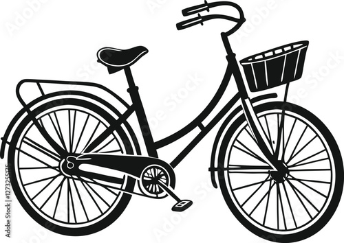 Woman's bicycle with basket Womens beach cruiser bike Vintage bicycle basket ladies road cruising icon black color vector illustration