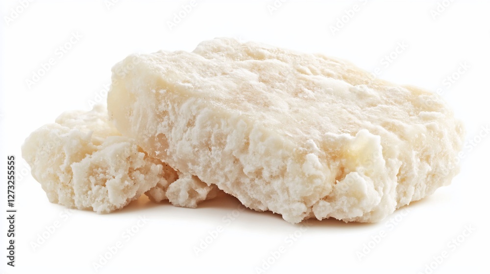Two pieces of white, crumbly cheese isolated on white background. Two pieces of white, crumbly cheese isolated on white background.