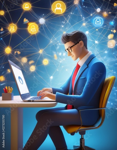 Businessman Utilizing Laptop for Email Communication in an Online People Network