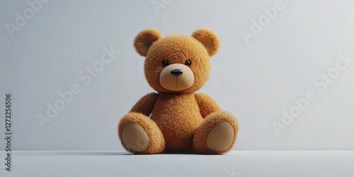 A cozy brown teddy bear lounges on a sleek gray surface, gazing invitingly to the right with soft eyes that seem full of stories photo