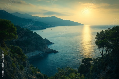 Sunset over a scenic coastline with calm ocean, rocky cliffs, and lush green trees.