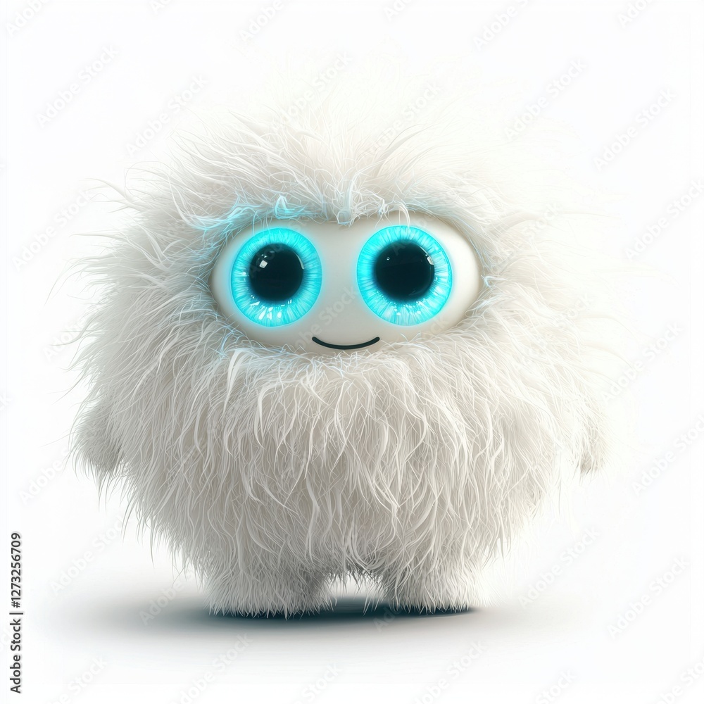 Obraz premium Fluffy white monster with glowing blue eyes isolated on white background