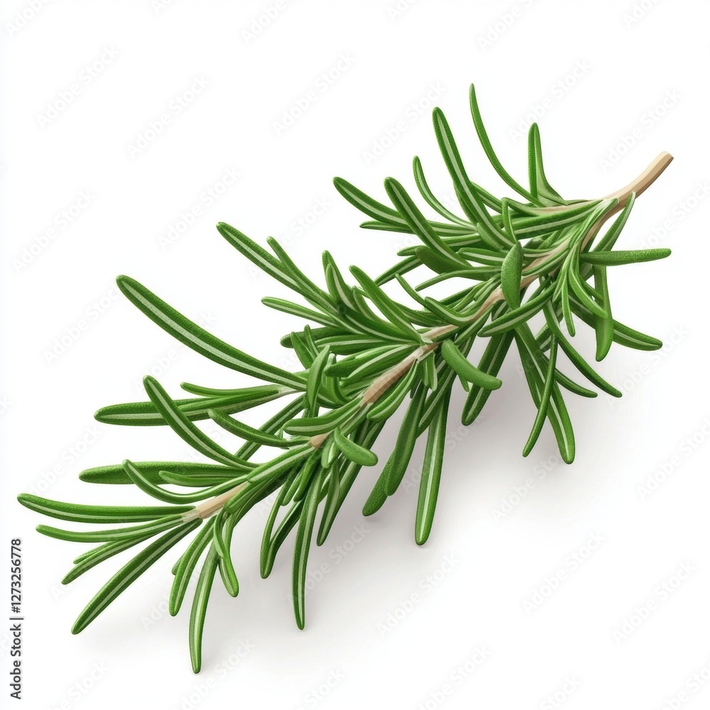 Fototapeta premium Fresh sprig of rosemary with needle-like leaves isolated on white background