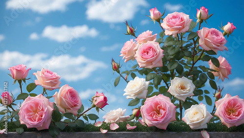 Soft Selective Focus of Blooming Rose Bush in Spring – Beautiful Pink and White Roses Against a Blue Sky Background, Featuring Petals on the Ground and Flowering Rose Hips