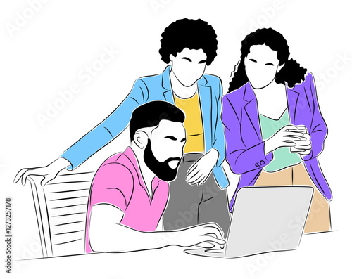 Business team members working together scene. Business men, women Meeting, brainstorming, discussing, taking part in business activities. Vector colored line art illustration