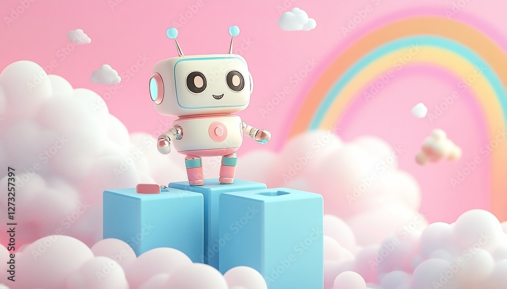 Foto Cute robot on pastel clouds, rainbow background.
