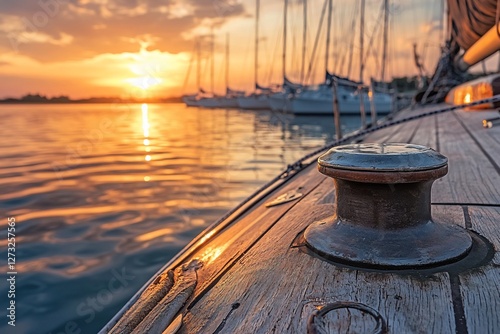 Sunset view from sailboat deck, showing wooden deck, winch, and moored yachts.