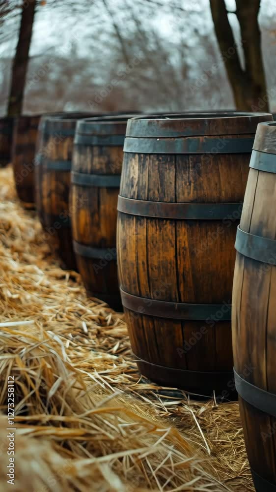 A stack of straw is adjacent to a series of ancient wooden barrels. A stack of straw is adjacent to a series of ancient wooden barrels.