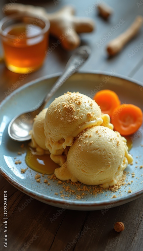 Delightful scoop of ginger ice with a refreshing garnish served on a rustic blue plate Delightful scoop of ginger ice with a refreshing garnish served on a rustic blue plate