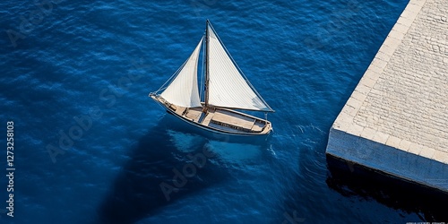 Sailboat on calm blue sea near a stone pier.